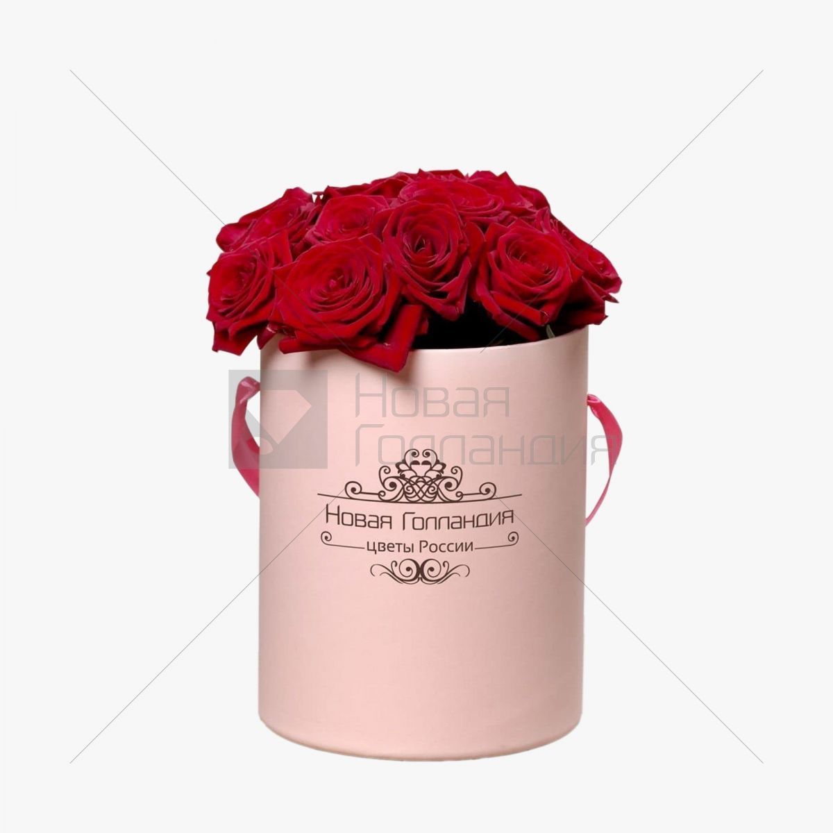 15 красных роз в розовой маленькой шляпной коробке №199