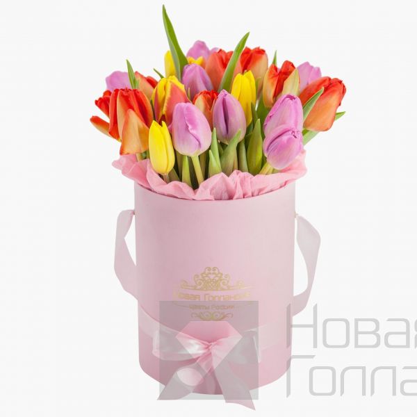 25 тюльпанов микс в розовой маленькой шляпной коробке №548