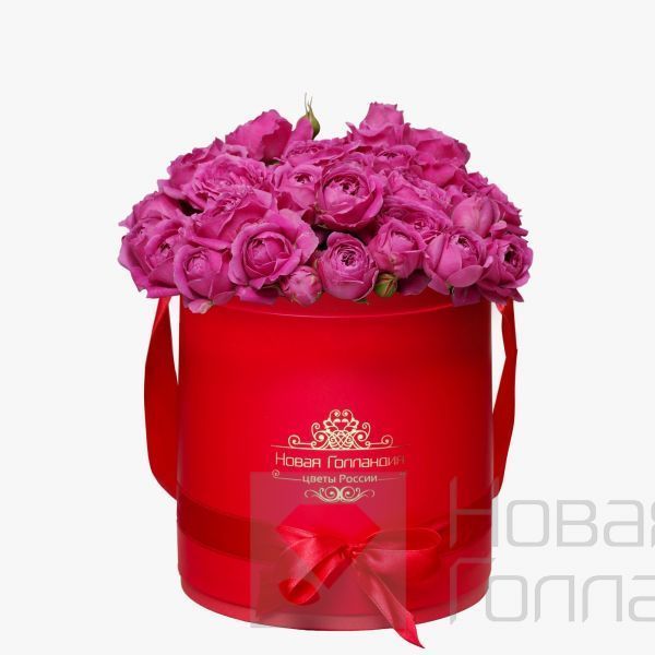 11 розовых кустовых пионовидных роз в красной шляпной коробке №237