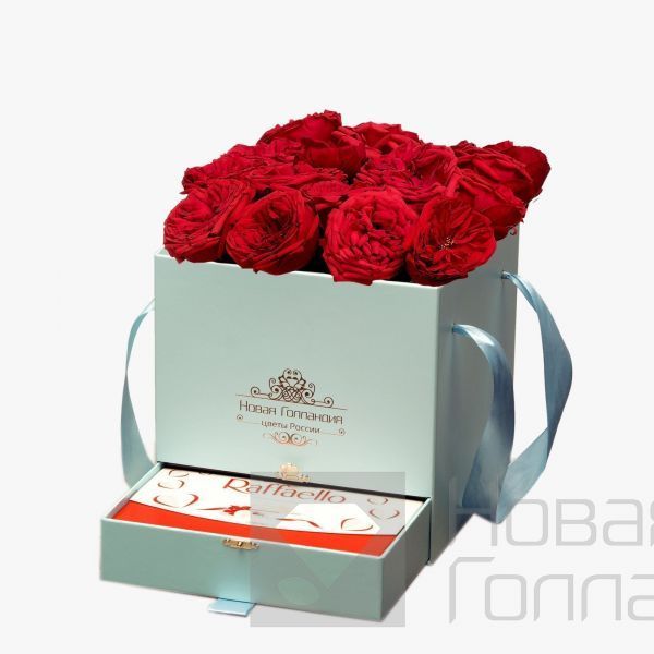 15 красных пионовидных роз Премиум в коробке шкатулке Тиффани рафаэлло в подарок №372
