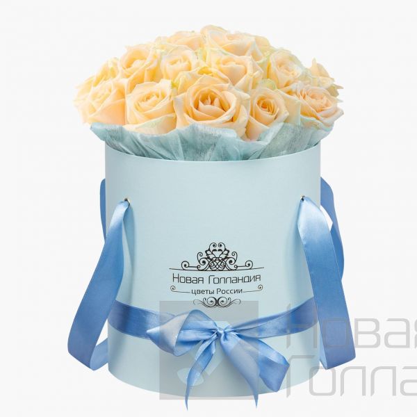 25 кремовых роз в голубой шляпной коробке №51