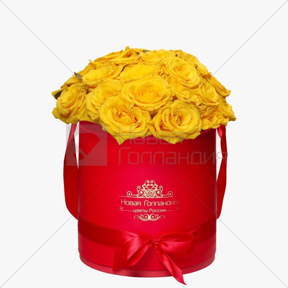 25 желтых роз в красной шляпной коробке №181
