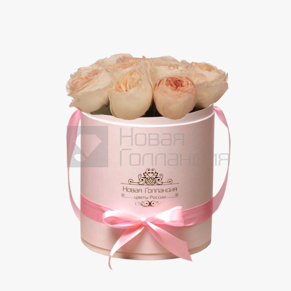 11 персиковых пионовидных роз Премиум в розовой шляпной коробке №355