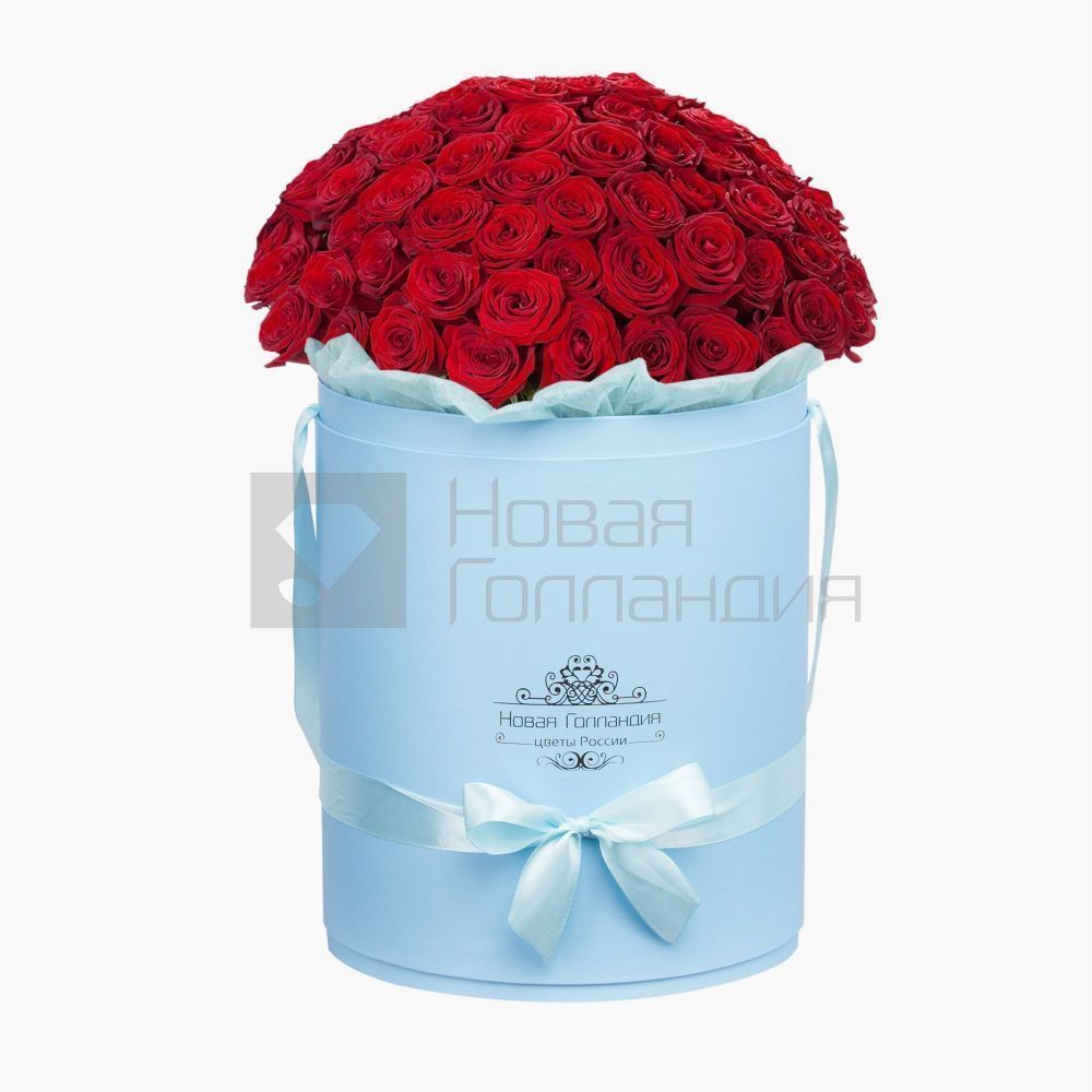 35 роз Премиум Эквадор в голубой шляпной коробке №607