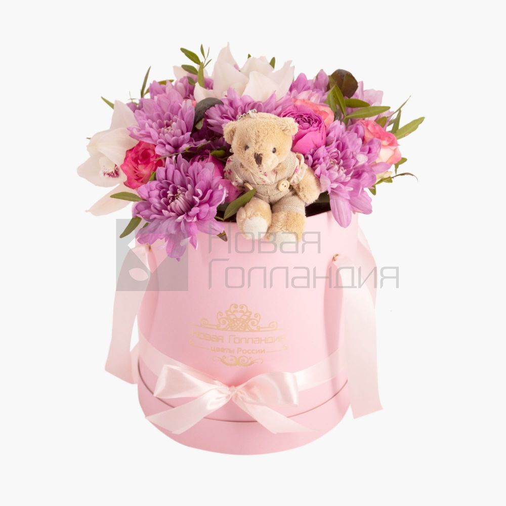 Ассорти с орхидеей в розовой шляпной коробке
