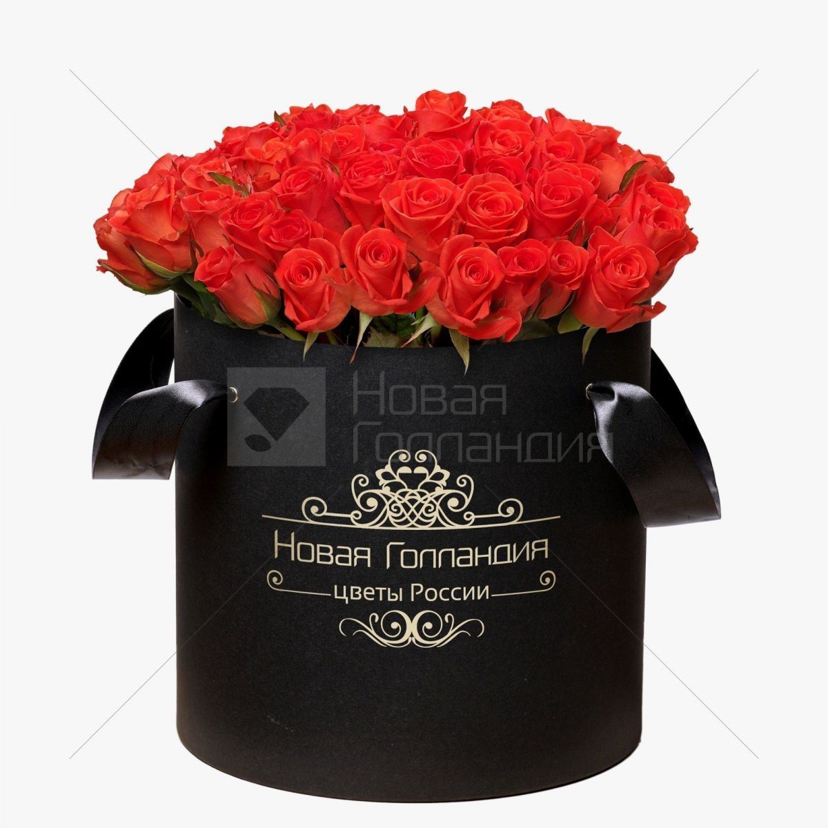 51 Оранжевая роза в большой черной шляпной коробке №335