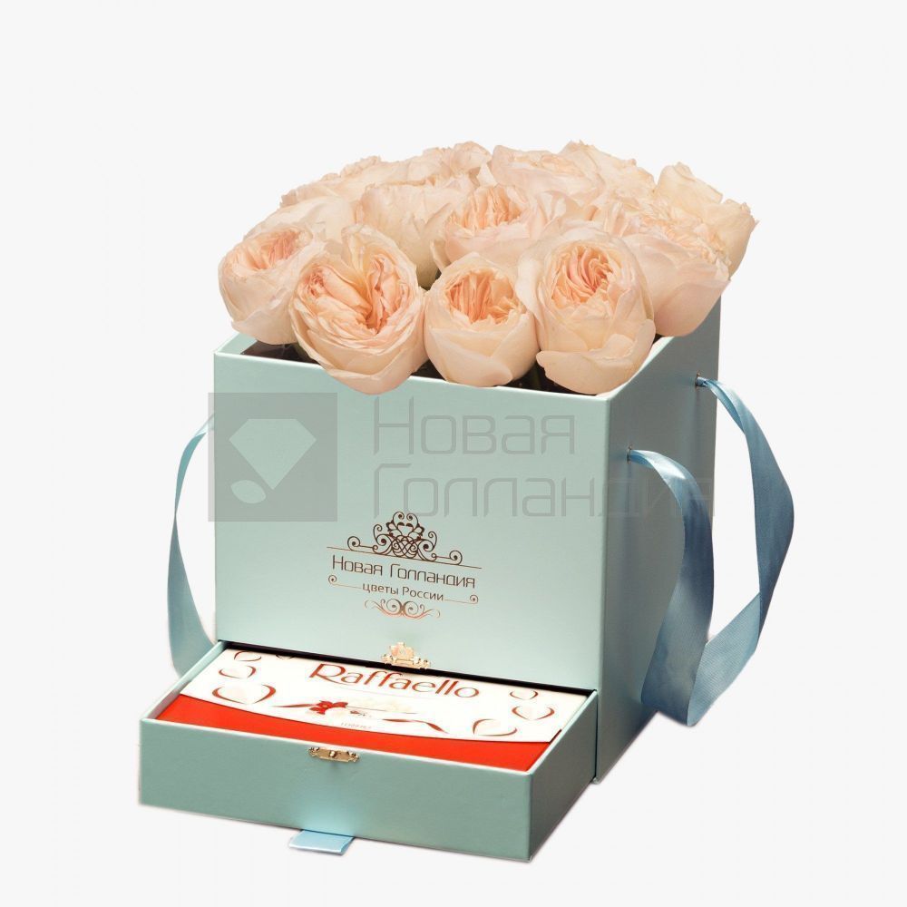 15 персиковых пионовидных роз Премиум в коробке шкатулке Тиффани рафаэлло в подарок №375