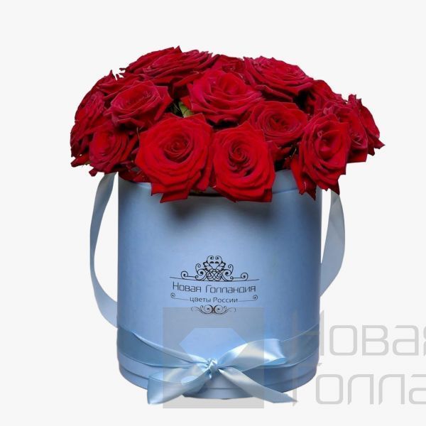 25 красных роз в голубой шляпной коробке №174
