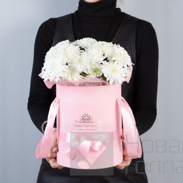 7 Белых хризантем в розовой шляпной коробке №78
